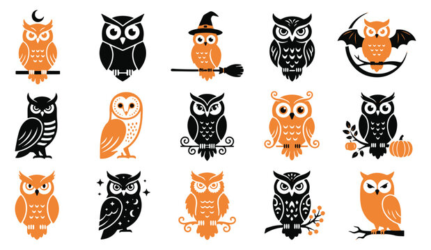 Collection of cute owl stickers with halloween themes including witch hats and pumpkins in orange and black