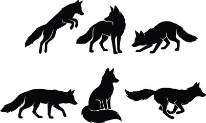 Obraz premium Elegant black fox silhouettes in multiple natural poses including sitting, running, leaping, stalking, and walking isolated on white background