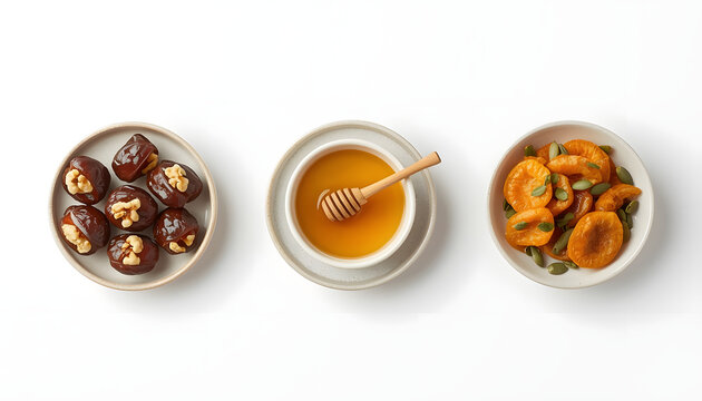 Three healthy breakfast bowls with toppings and honey drizzle. Nutritious morning meal prep with nuts, seeds, and citrus garnish.