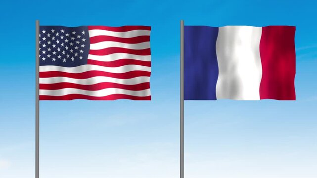 Flag of Frence Polynisia and USA, Pole flag of Frence Polynisia and USA on clear sky background. Frence Polynisia and USA flag waving. 
