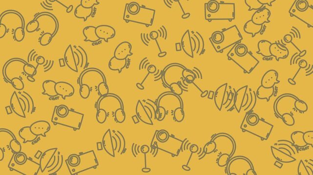 Suitable for digital communications projects, this doodle pattern includes icons of headphones, speech bubbles, radio towers, and audio speakers.