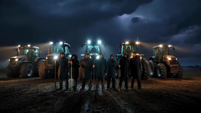 farmers standing in muddy field front view with tractors and headlights, group confronting crisis after crop failure and severe weather, agricultural protest tension with storm clouds and lightning