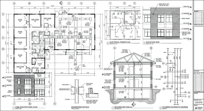Architectural Construction Blueprint with House Floor Plans, Elevations, Sections, and Technical CAD Drawing Vector for Building Design
