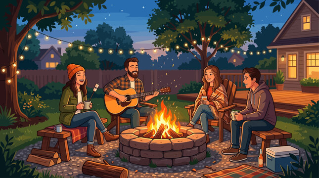 Group of friends sitting around a backyard fire pit playing acoustic guitar at night.