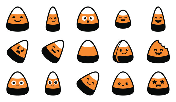Set of cute candy corn characters with various funny facial expressions for halloween holiday design elements
