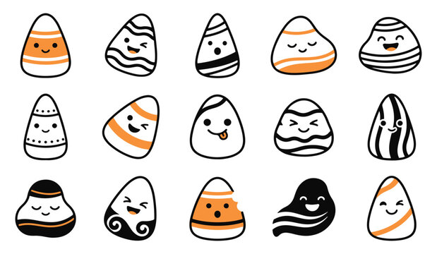 Set of cute hand drawn candy corn characters with various expressions and patterns for halloween holiday design elements