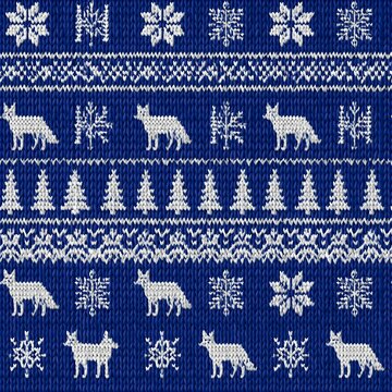 Seamless christmas knit pattern with wolves and pine trees on blue fabric seamless christmas background wildlife snowflake decoration illustration seasonal traditional knitting clothing