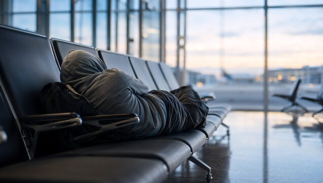 Man sleeping on bench in airport waiting room due to flight cancellation. Passenger resting during long overnight layover. Travel delay, tired traveler concept, transportation terminal.