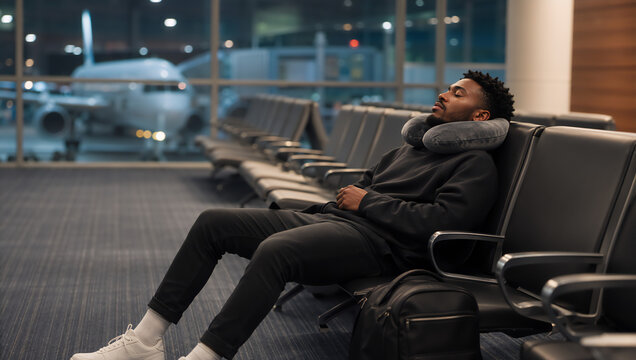 African american man sleeping on seat in airport lounge during flight delay. Traveler resting with neck pillow while waiting for departure. Long overnight layover or trip cancellation.