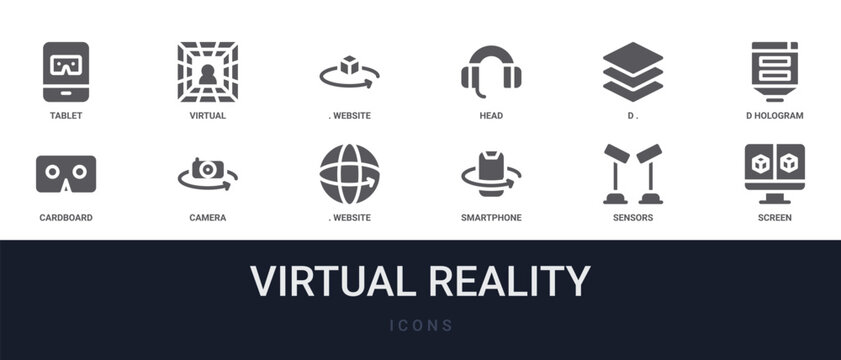 Set of 12 solid Virtual Reality icons for dashboards, app screens and website sections. Filled glyph collection including virtual reality, head, d hologram, camera and. for website design and