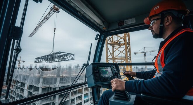 Crane Operator Navigates Heavy Steel Construction In Urban Landscape
