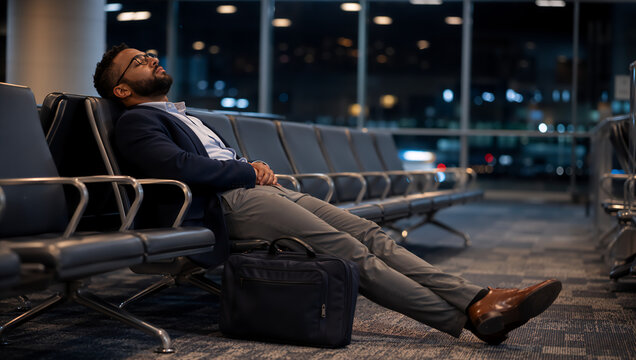 Tired businessman sleeping on chair in airport terminal during overnight layover. Flight cancellation and departure delay concept. Exhausted man waiting for a delayed airplane at night.