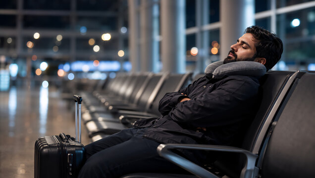 Man sleeping in airport terminal chair during flight delay. Traveler waiting for departure with luggage and travel pillow. Overnight layover and stressful journey travel concept.