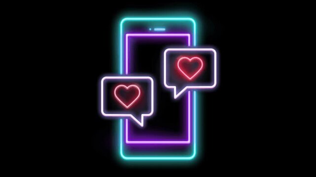 Neon heart icons on smartphones. Digital love and social media communication.