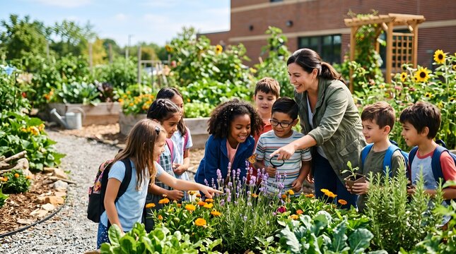 Teacher leading students explaining nature and plant life during an educational outdoor school garden field trip activity