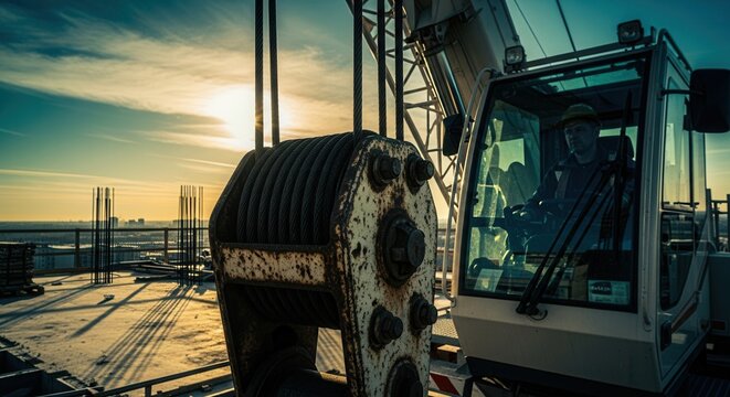 Crane Operator Navigates High-Rise Construction Site At Sunset