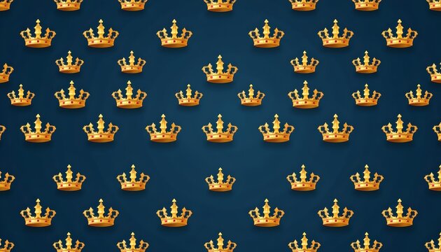 The image features a repeating pattern of golden crowns with red accents set against a dark blue background. The crowns are evenly spaced and arranged in a regular, grid like formation