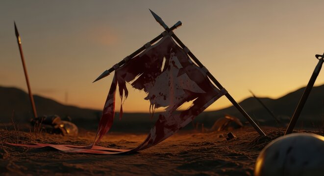 Tattered bloodstained flag and weapons on a desolate battlefield at sunset, symbolizing defeat and conflict
