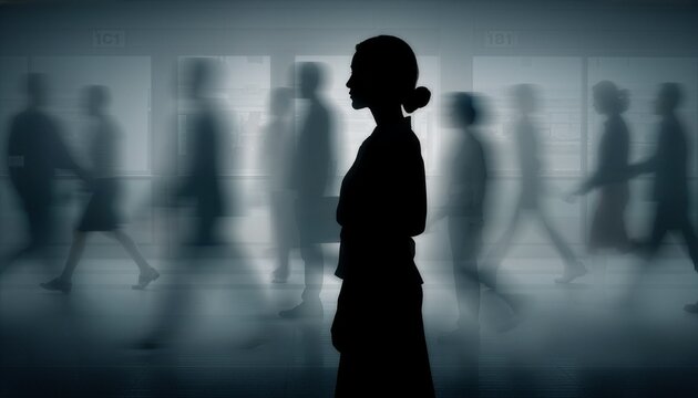 Single silhouette in a crowded blurred shadow figures environment but disconnected.