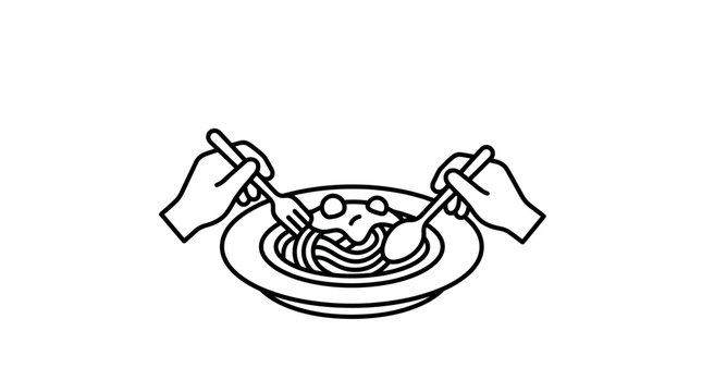 A simple black and white line art illustration of hands eating spaghetti with a fork and spoon.
