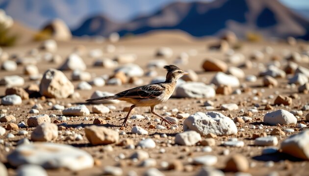 A small bird with a slender body and distinct markings on its head and wings is walking across a rocky, barren landscape