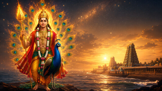 Sacred illustration of Lord Murugan seated with his peacock and Vel, representing wisdom, valor, and devotion in Hindu belief