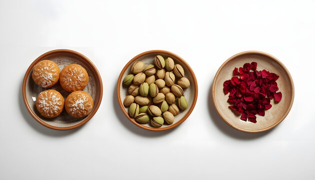 Three ceramic bowls of superfood grains and seeds for healthy eating. Organic ingredients displayed in rustic tableware for nutrition and wellness...