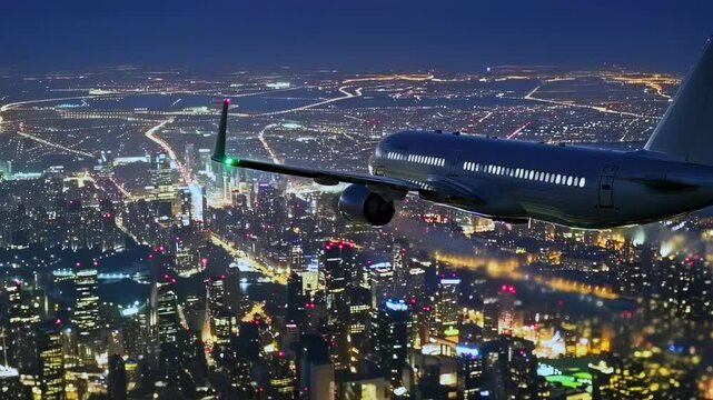 passenger airplane flying above night megacity, aircraft approaching skyline with glowing lights, symbolizing business opportunities, new beginnings, global travel, success and future growth
