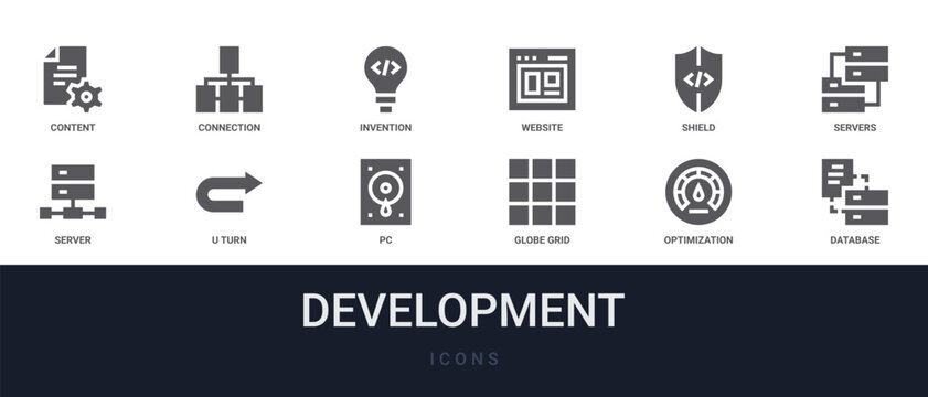 Set of 12 solid Development icons for dashboards, app screens and website sections. Filled glyph collection including connection, website, servers, u turn and pc.