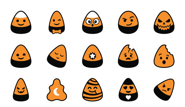 Set of cute cartoon candy corn characters with various funny expressions for halloween holiday design elements