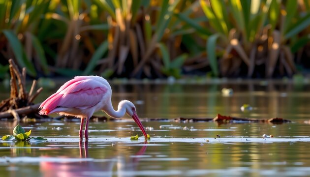 A pink flamingo stands in shallow water, with its long, slender legs partially submerged. Its curved neck bends downward as it reaches to pick at the water's surface with its pointed beak