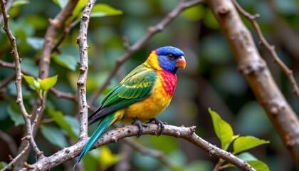 Obraz premium A colorful bird is perched on a thin branch surrounded by green foliage and intertwined twigs
