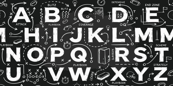 Alphabet letters arranged over football strategy chalkboard diagram with hand drawn alphabet football playbook strategy diagrams coaching