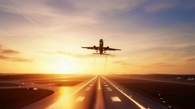 airplane taking off from runway at sunset front view, aircraft lifting into sky above glowing horizon, symbolizing travel, departure, speed, aviation freedom and global transportation