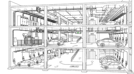 Fototapeta premium Architectural Blueprint of a Multi-Story Industrial Car Garage
