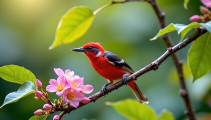 Fototapeta premium A vibrant bird with striking red and black plumage is perched on a slender branch adorned with pink flowers and green leaves
