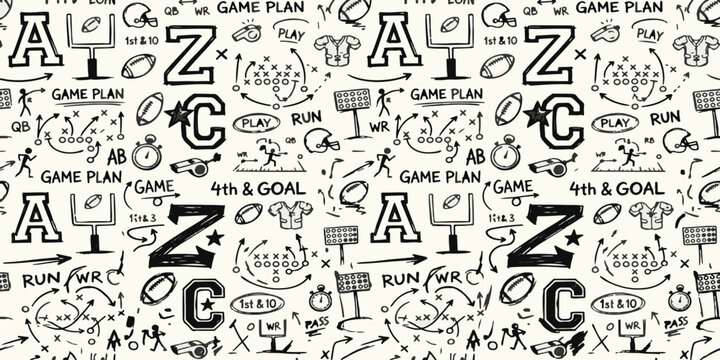 American football game plan pattern with letters a z c and tactical field diagrams football strategy seamless coaching alphabet athletic