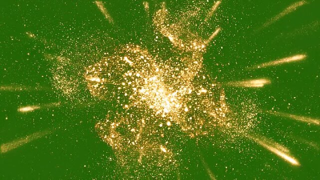 Estallido de estrella dorada con destellos brillantes, part&iacute;culas de luz y rayos radiantes sobre un fondo verde chroma key neutro. Un efecto visual de celebraci&oacute;n, energ&iacute;a y elegancia.