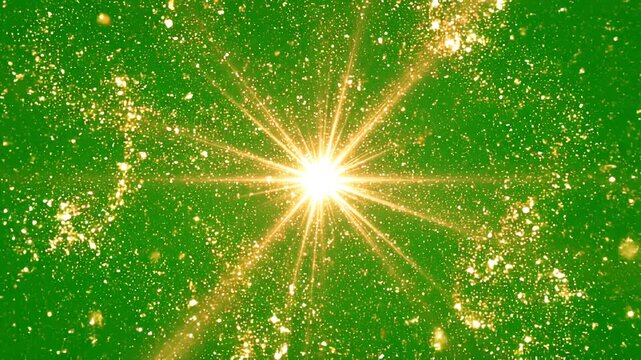 Estallido de estrella dorada con destellos brillantes, part&iacute;culas de luz y rayos radiantes sobre un fondo verde chroma key neutro. Un efecto visual de celebraci&oacute;n, energ&iacute;a y elegancia.