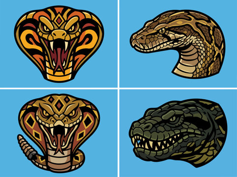 Stylish Vector Cobras and Snakes Heads with Intricate Patterns for Branding Logos and Digital Artwork cobra snake reptile head logo