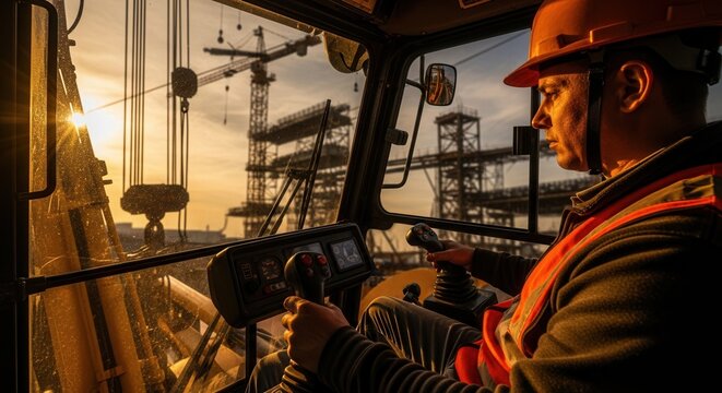Crane Operator Overseeing Construction Site At Sunset