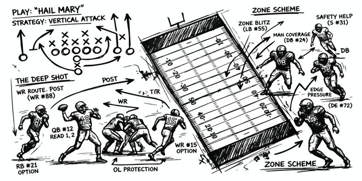 Hail mary vertical attack football play tactical coaching sketch with football playbook strategy coaching offensive planning gameplay gridiron