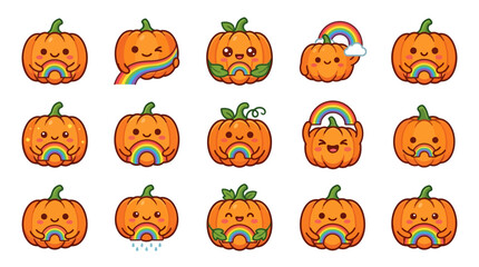 Fototapeta premium Cute pumpkin characters with colorful rainbow accents.