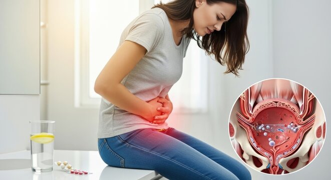 Urinary tract condition: bladder pain, urge urinate, infection symptom, pelvic pressure, discomfort feeling, general malaise, medical diagnosis, woman health, cystitis awareness.