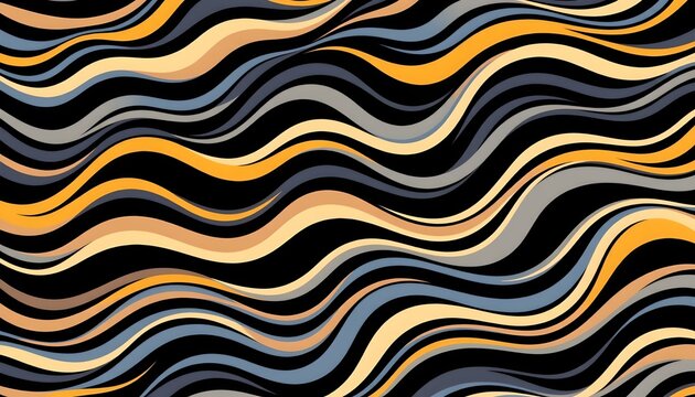 The image features an abstract pattern composed of wavy, flowing lines in various shades of black, beige, gray, and orange