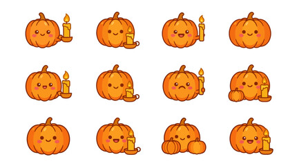 Obraz premium Cute pumpkin sticker set with lit candles.
