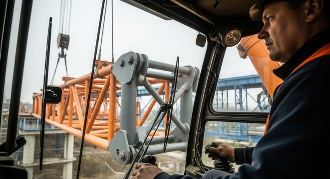 Crane Operator At Work Moving Heavy Construction Materials