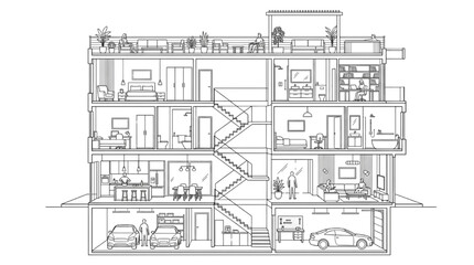 Fototapeta premium Architectural Section of a Modern Multi Story Apartment Building