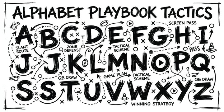 Alphabet playbook tactics handwritten on whiteboard background with hand drawn alphabet football playbook strategy coaching diagrams training