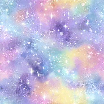 Seamless kawaii galaxy pattern with bright glowing stars and soft pastel colors